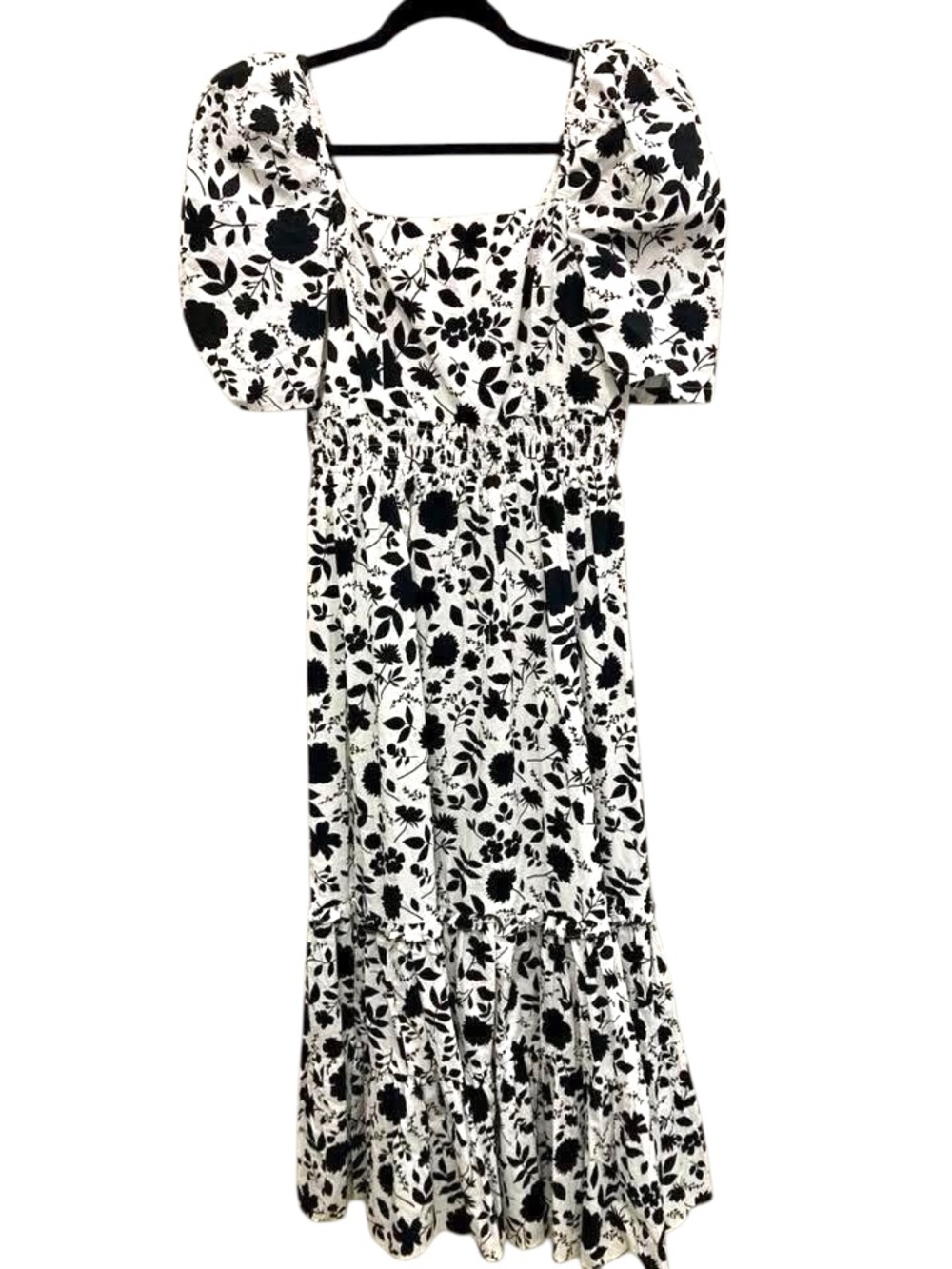 Aqua Black & White Floral Puff-Sleeve Midi maxi Dress